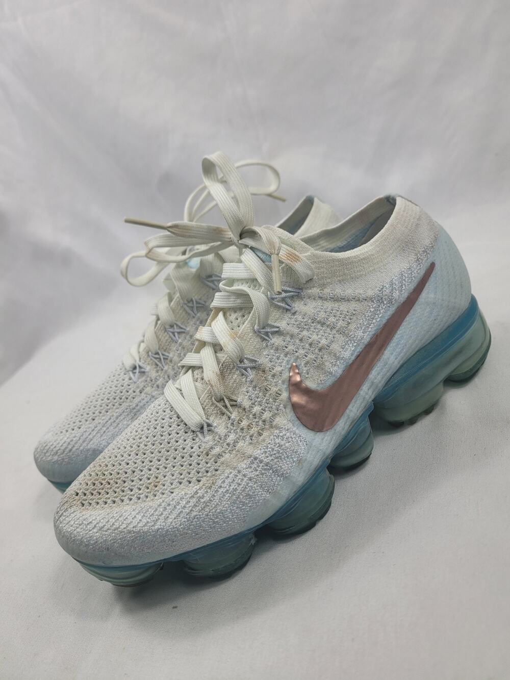 Nike Vapormax Flyknit Explorer Women Size 5.5 White Gold Sneaker Running Shoes